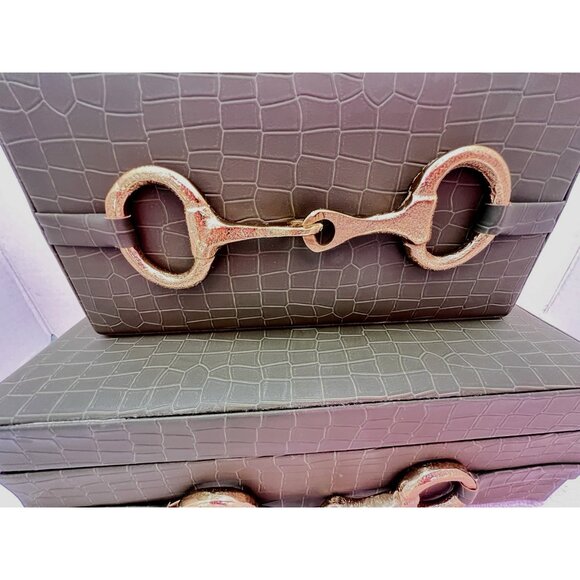 S/2 Vegan Crocodile Decorative Boxes GREEN GOLD EQUESTRIAN Jewelry Storage - Picture 16 of 16